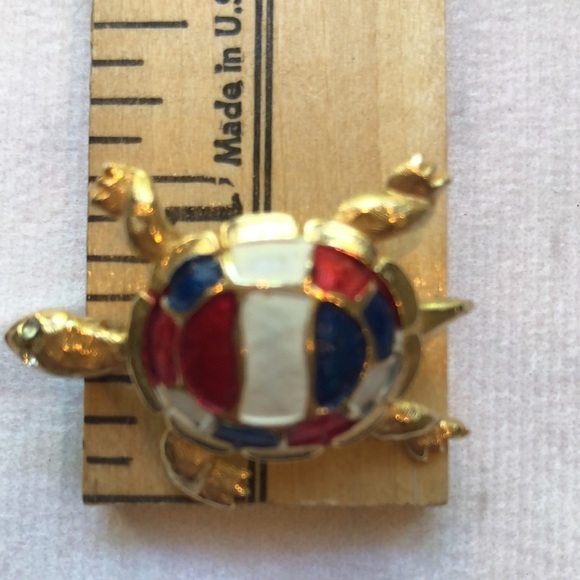 Patriotic Turtle Brooch Pin Gold tone Red White Blue Enamel Accents Crystal Eyes - Picture 10 of 10